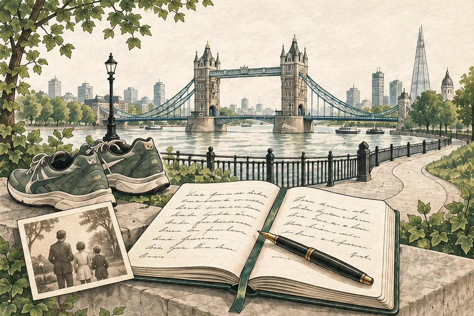 Illustration of a journal, running shoes and a family photograph beside London’s Tower Bridge