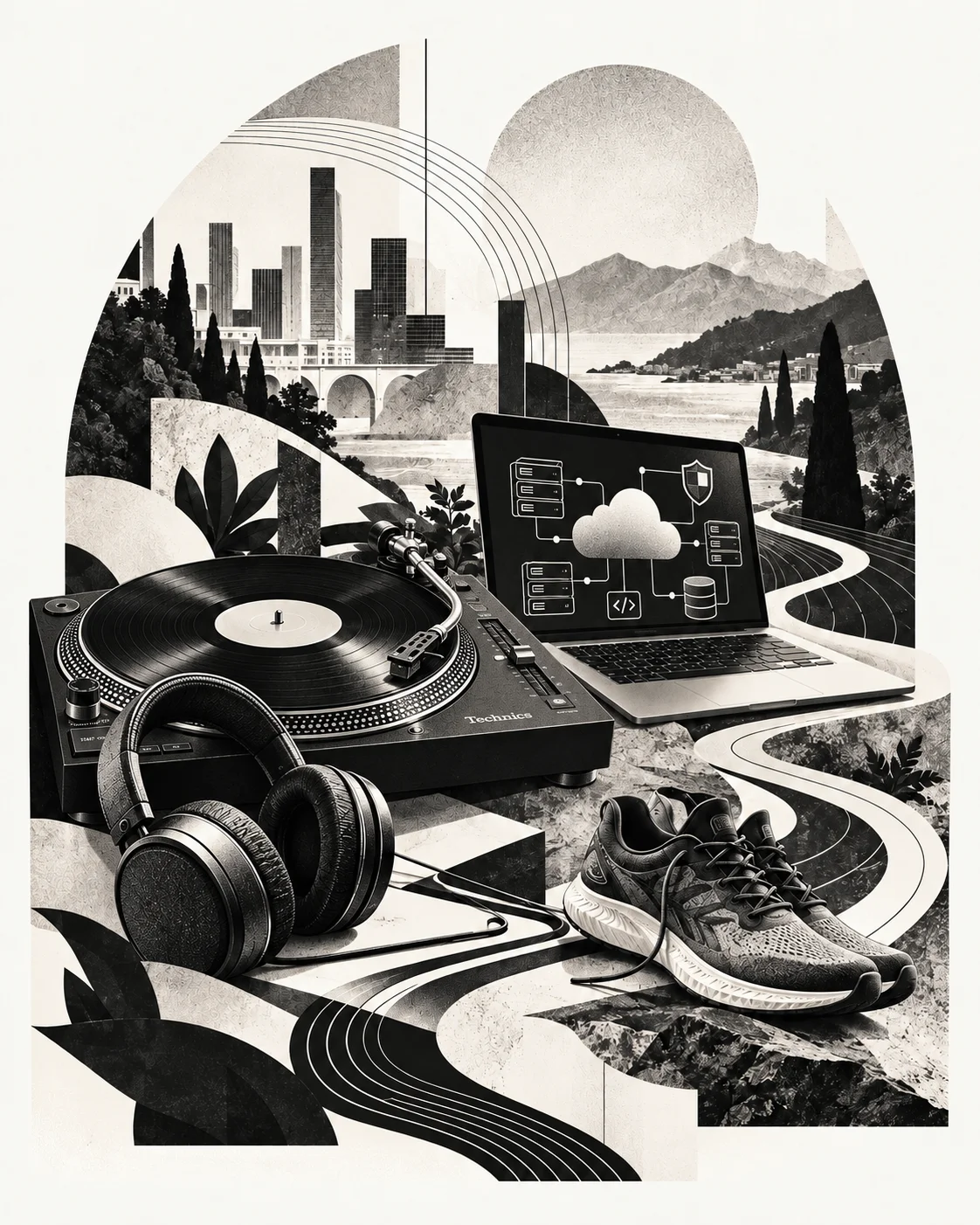 Monochrome collage of a Technics turntable, headphones, cloud technology and running shoes